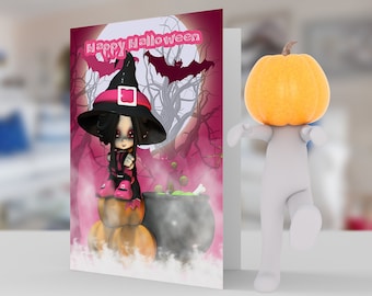 Halloween with Girl Cute Witch in pinks Card, 5x7 pro card stock and envelope