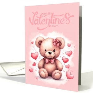 Biglietto di buon San Valentino con orsetto con fiocco e cuori - 5x7 con busta
