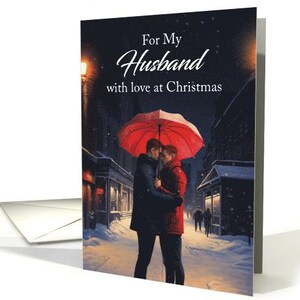Noël gay mari sous un parapluie rouge avec une carte trottoir enneigé papier cartonné pro 5 x 7 et enveloppe