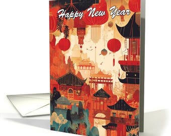 Chinese New Year Happy New Year Karte mit Collage aus Pagoden und Laternen - Auf dieser Karte ist kein Gold oder Folie. 13x18 mit Umschlag