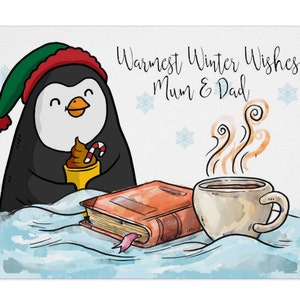 Desejos mais calorosos de inverno, pinguim com chocolate quente e livro, cartão de Natal divertido