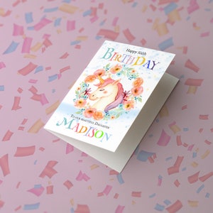 Personalised Unicorn Flowers. Birthday Card. Any age from 1 to 90. Daughter etc