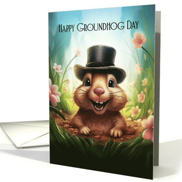 Groundhog Day Greeting Card With Cute Groundhog in Top Hat card