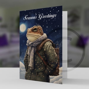 Crapaud dans la carte de vœux de Noël de neige d’hiver, vœux de saison 5x7 pro papier cartonné et enveloppe