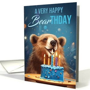 Ours d'anniversaire avec gâteau et jeu de mots bougies Bearthsday - 5 x 7 avec enveloppe
