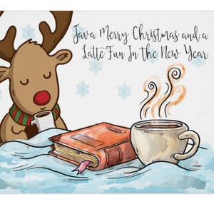 Rendieren met koffie, aquarel rendieren boek en koffie kopje, leuke kerstkaart, koffie liefhebber
