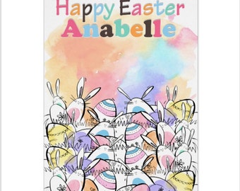 Carte de Pâques à l'aquarelle et croquis lapins de Pâques, carte personnalisable, Customise