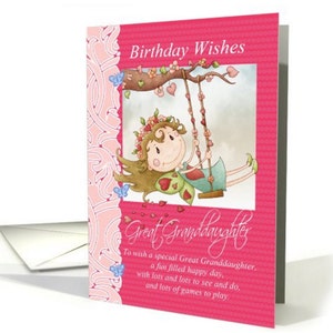 Anniversaire de petite-fille, carte avec la fée mignonne sur le swing, carte de Brithday - Fée sur l’oscillation, arrière-petite-fille