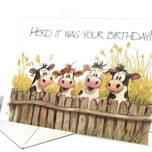 Carte Vaches regardant par-dessus un troupeau de clôture, humour d'anniversaire, papier cartonné professionnel 5 x 7 et enveloppe