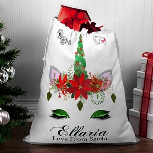 ユニコーン。サンタのクリスマスサック、デザイン 3 | クリスマスサック | パーソナライズ | パーソナライズされたクリスマスサック | サンタサック ユニコーンヘッド