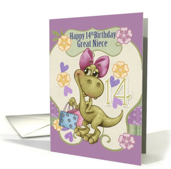 Dinosaur Girly Birthday Card, With Shopping Dino Girl, Trendy Shopping Dinosaur card - can be customised