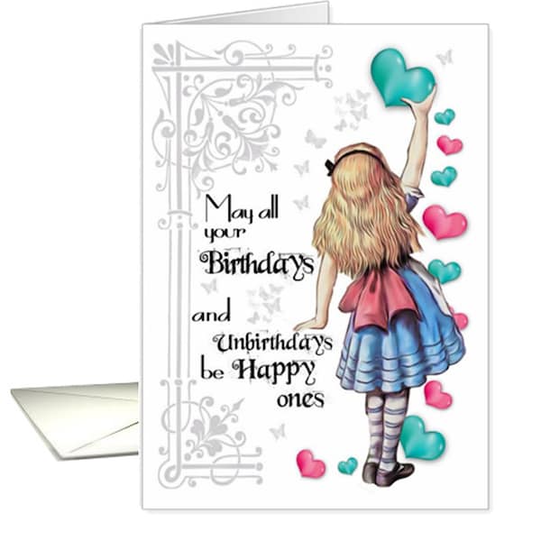 Alice In Wonderland, Alice Birthday Greeting Card - Alice Placing Hearts, Alice Looking At Cheshire Cat