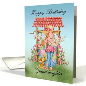 Enkelin, süße Mädchen und Wishing Well, Geburtstagskarte - Happy Birthday Karte