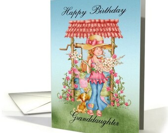 May include: A birthday card featuring a girl with a pink dress and a straw hat standing by a well with flowers. The card says "Happy Birthday Granddaughter".