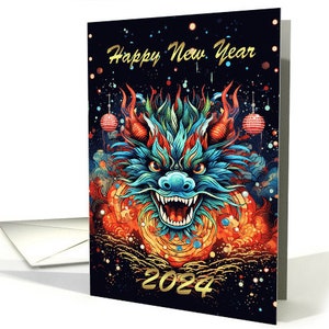 Capodanno cinese del Drago con fuochi d'artificio e lanterne, cartoncino Card 5x7 pro e busta