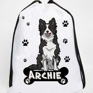 May include: White drawstring bag featuring a black and white cartoon border collie dog sitting on a black bone with the name "Archie" printed on it. The bag is decorated with paw prints.