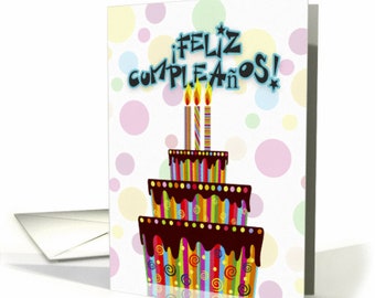 Feliz Cumpleaños with large three tiered birthday cake card