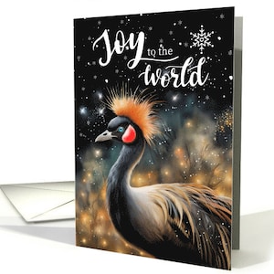 Joy to the World Nigerian Black Crowned Crane con tarjeta temática de invierno, tarjeta de Navidad 5x7 pro card stock y sobre