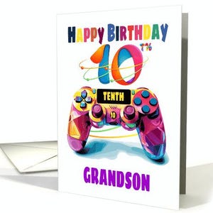 Scheda di compleanno per nipote di 10 anni, controller per videogiochi, toni astratti con busta, cartoncino professionale 5x7
