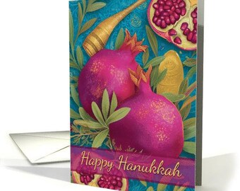 Happy Hanukkah Pomegranate and Shofar In Blended Blues Greens and Pink card 5X7 pro card stock and envelope