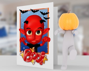 Halloween cute devil and bats Boo Card, 5x7 pro card stock and envelope