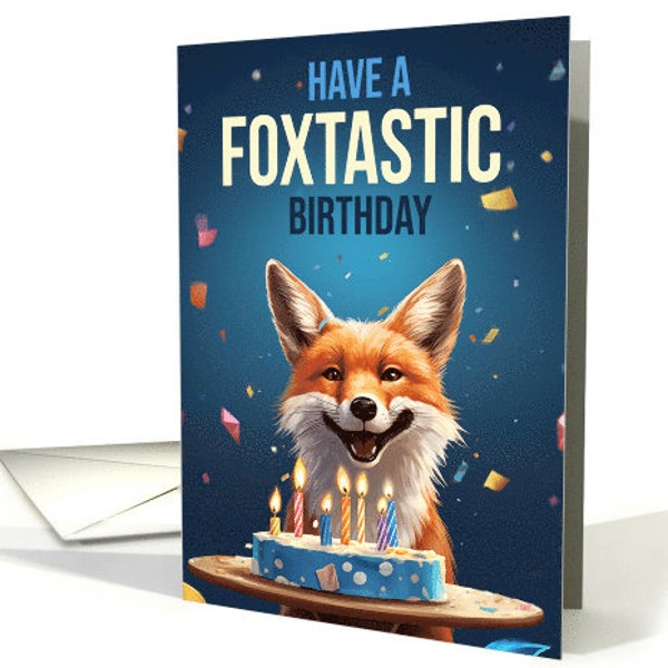 Fox Birthday with Cake Candles and Ticker Tap Play on Words Foxtastic card - 5x7 with envelope