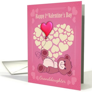 1 San Valentino, Biglietto di San Valentino Felice con Orsacchiotto e Cuori, Biglietto d'auguri- Nipote o Nipote