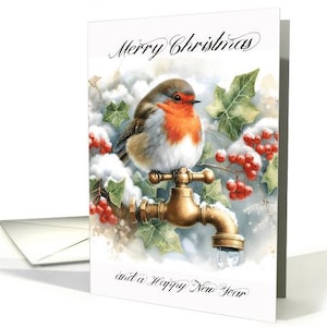 Carte de Noël rouge-gorge assis sur un robinet en laiton, baies d'hiver et neige - papier cartonné professionnel 5 x 7 et enveloppe