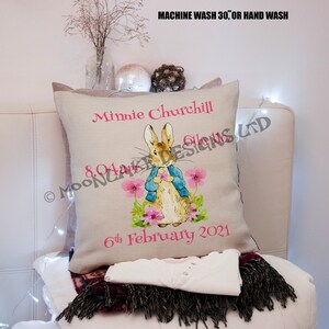 Personalised Petter Rabbit Birth Date Time and Weight Beatrix Potter Cushion Cover - 6 Character Choices