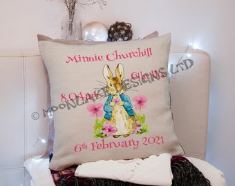 Personalised Petter Rabbit Birth Date Time and Weight Beatrix Potter Cushion Cover - 6 Character Choices