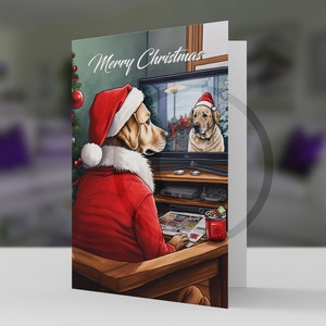 Labrador che guarda la TV Biglietto di auguri, cane di Natale - cartoncino professionale 5x7 e busta