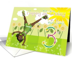 Afroamerikaner, Cutie Pie tun Cartwheels, Geburtstagskarte, von 3-10 Jahre 5 x 7 Pro-Karte Lager und Umschlag
