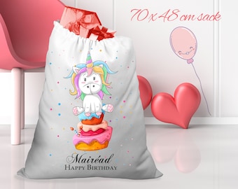 Unicorn on Cake. Birthday Gift Sack | Birthday Sack | Personalized | Personalised Gift Sack | NO glitter