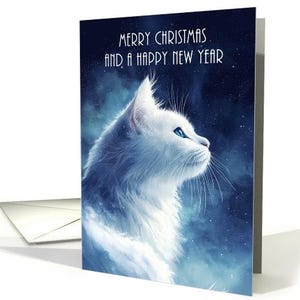 Joyeux Noël et bonne année avec un chat blanc duveteux, papier cartonné professionnel 5 x 7 pouces et enveloppe