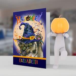 Custom Name Witches Cat card,  Black Cat, Full Moon card, Happy Halloween card