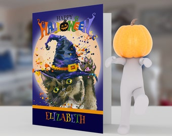 Custom Name Witches Cat card,  Black Cat, Full Moon card, Happy Halloween card