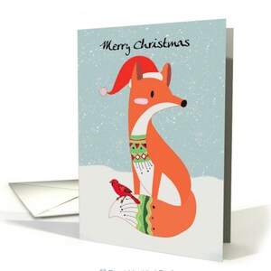 Fox no chapéu do Natal | Com Cardeal Pássaro | Cartão de feliz natal