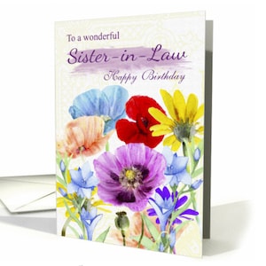 Carte de fleurs d’aquarelle de soeur-en-loi d’aquarelle - 5x7 avec enveloppe