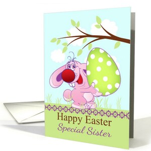 Coniglio di Pasqua con uovo gigante, biglietto d'auguri di Pasqua, con busta, Carta d'auguri 5x7 di qualità