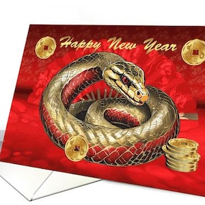 Carte Nouvel an chinois du serpent avec un éventail et des pièces d'or, papier cartonné professionnel Carte 5 x 7, sans or, sans paillettes ou feuille