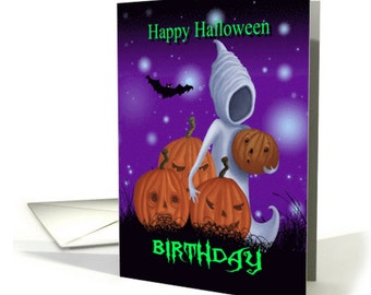 Birthday Halloween Ghost And Pumpkins card, Halloween Birthday, Ghost and Pumpkin Card