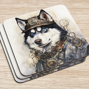 May include: A black and white husky dog wearing a brown leather hat with a clock face on it. The dog is wearing a steampunk-style collar with gears and cogs. The background is a watercolor wash of light brown and white.