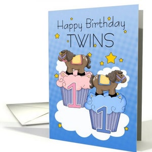 1st Birthday, Twins First Birthday Karte - Zwei kleine Ponys auf Cupcakes Karte - 5x7 pro Karton und Umschlag