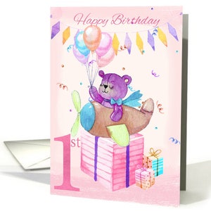 1e verjaardag teddybeer in vliegtuig card, verkrijgbaar in roze of blauw, 1ste leuke verjaardagskaarten