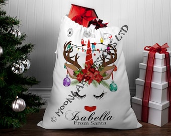 ユニコーン。サンタのクリスマスサック | クリスマスサック | パーソナライズ | パーソナライズされたクリスマスサック | サンタサック ユニコーンヘッド