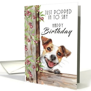 Biglietto d'auguri con cane Jack Russell che fa capolino attorno a un recinto per dire buon compleanno con busta 5x7 cartoncino professionale