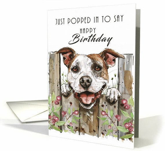 Staffordshire Dog Peeping Around a Fence to Say Happy Birthday