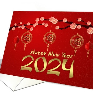 Capodanno cinese con draghi e lanterne appesi 2024 Biglietto 5x7 cartoncino professionale e busta - senza glitter, senza lamina, senza oro, effetti