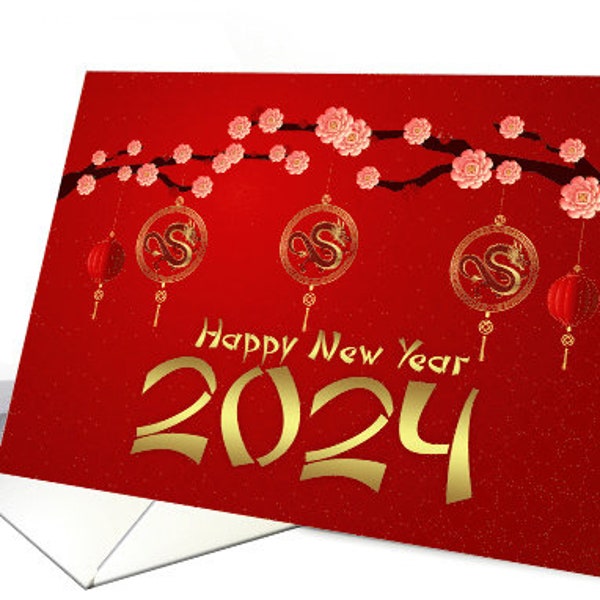 Chinese New Year with Hanging Dragons and Lanterns 2024 Card 5x7 pro card stock and envelope - no glitter no foil no gold, effects
