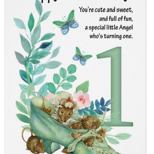 1er anniversaire, Beatrix Potter Petite souris dans une carte d’anniversaire de chaussure, jolie et subtile carte unique de 1er anniversaire